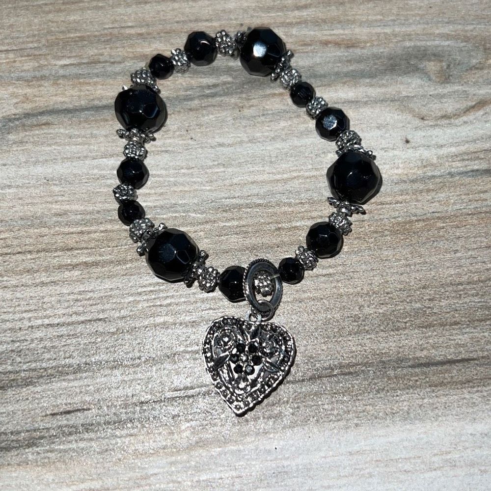 Floral Locket Charm Stretch Beaded Bracelet Silver Tone